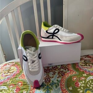 Loewe White Leather Sneakers with Pink Sole & Lime Heel Collar